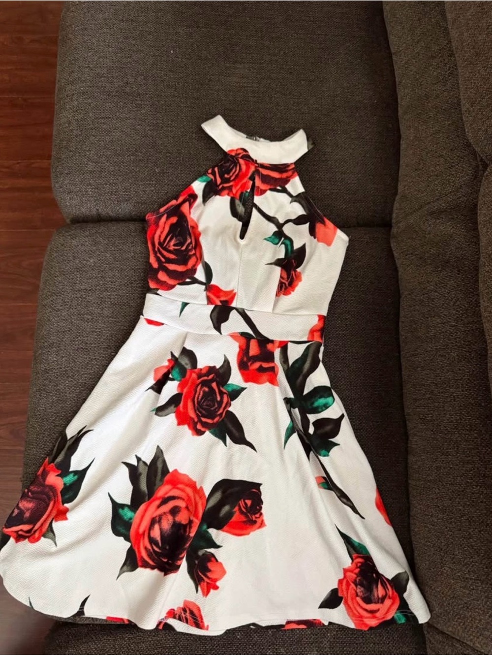 a'gaci White Dress with Red and Green Floral Print
